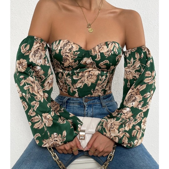 Boho Floral Print Lace up Off Shoulder Corset Top - Picture 2 of 15